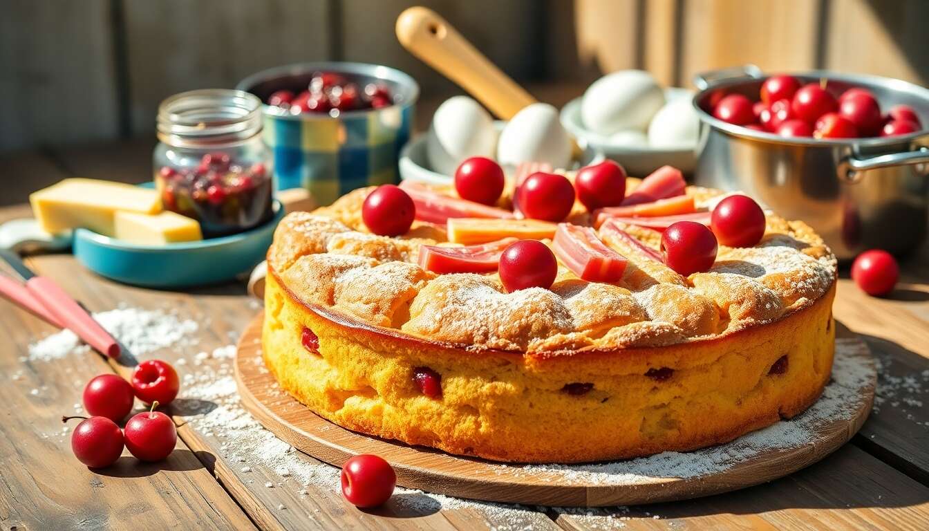 Gâteau rhubarbe-cerises : recette gourmande et facile