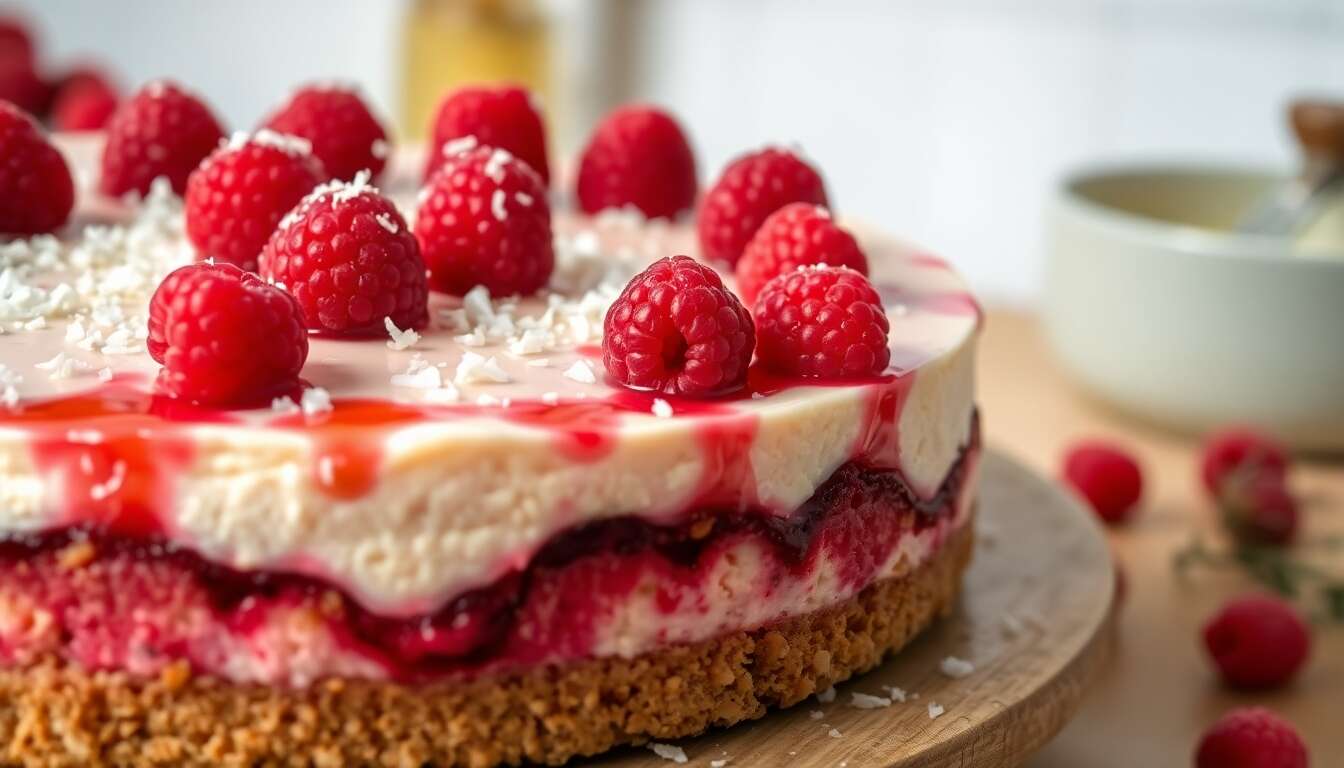 Cheesecake noix de coco et framboise : recette gourmande et facile