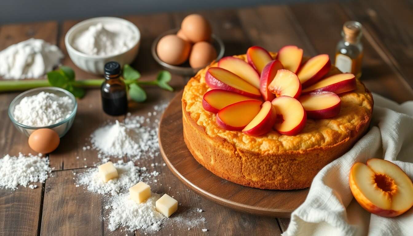 Recette gâteau rhubarbe et pêche blanche : délice fruité