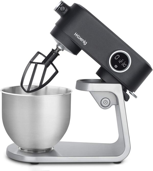 H.Koenig Professionnel Multifonctions 5L KM120 INOX Gris Mat Puissant 800W, Robot Cuisine Pâtissier Pétrin 8 Vitesses, Fouet, Batteur, Crochet, Pétrisseur, Couvercle Anti-éclaboussure, 800 W