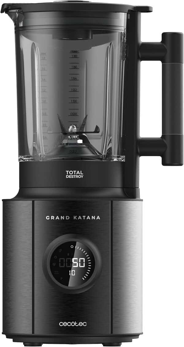 Cecotec Blender Glass Grand Katana 2700MAX Total Destroy Screen B. Mixeur Max Power 2700W, Affichage Digital, 8 Lames avec Revêtement en Titane Noir, Récipient en Verre Coulé de 1,8L