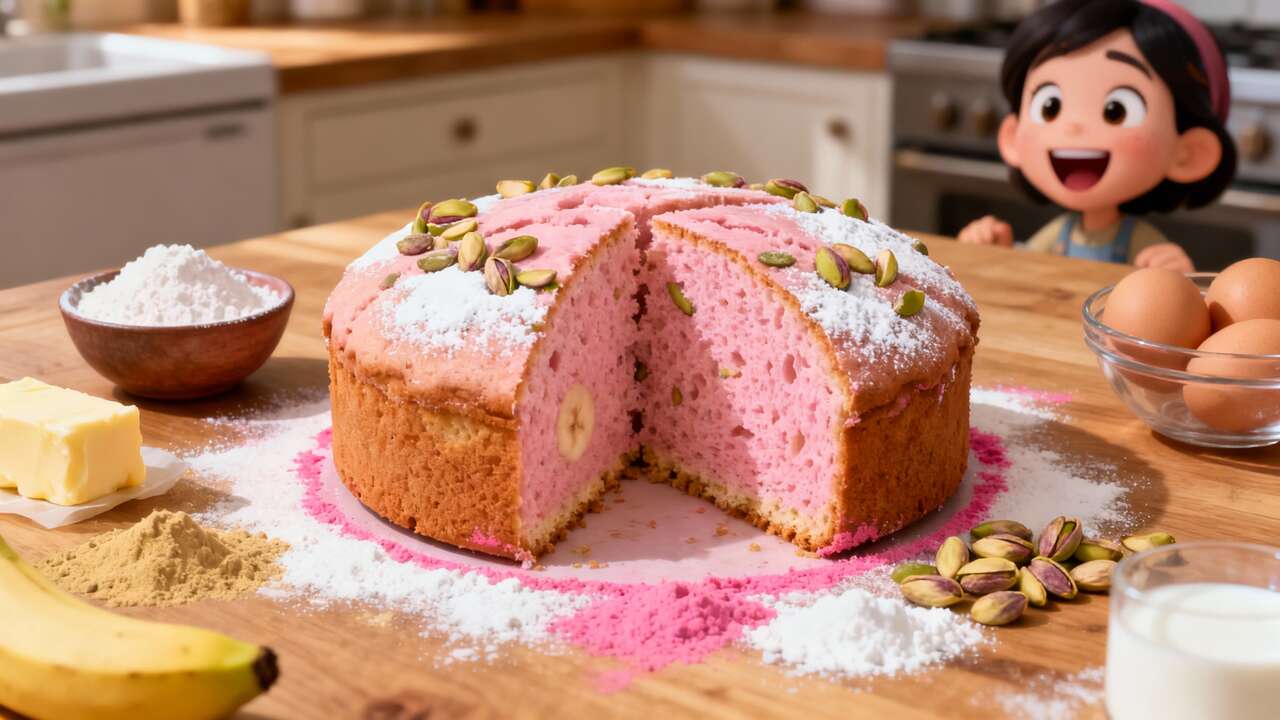Recette : gâteau rose à la banane et pistache