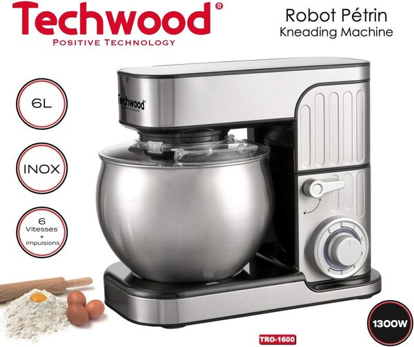 Techwood TRO-1600, Robot Pâtissier, Robot Pâtissier Multifonctions avec Bol en Acier 6 L, 1300 W, Inox