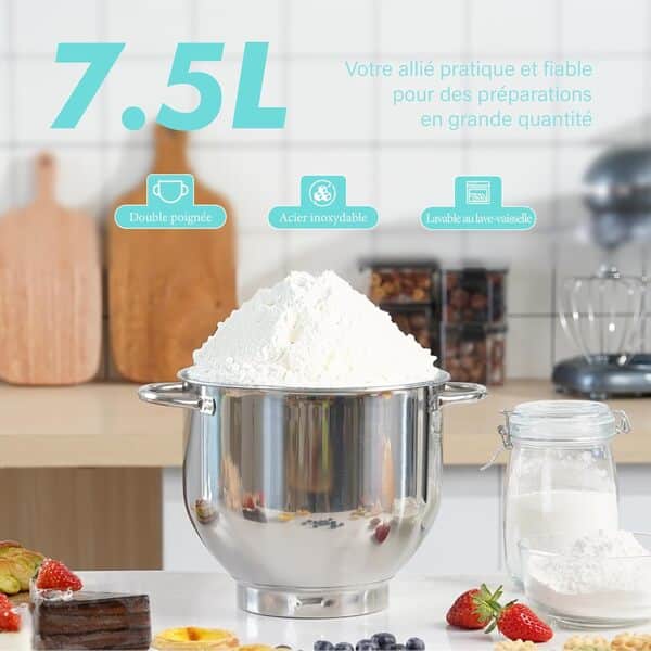 Kitchen in the box Robot Pâtissier 1400W, Bol 7,5L en Acier Inoxydable, 6 Vitesses, Tête Inclinable, Accessoires Inclus (Fouet, Crochet, Batteur), Idéal pour Pâtisserie et Boulangerie (Bleu)
