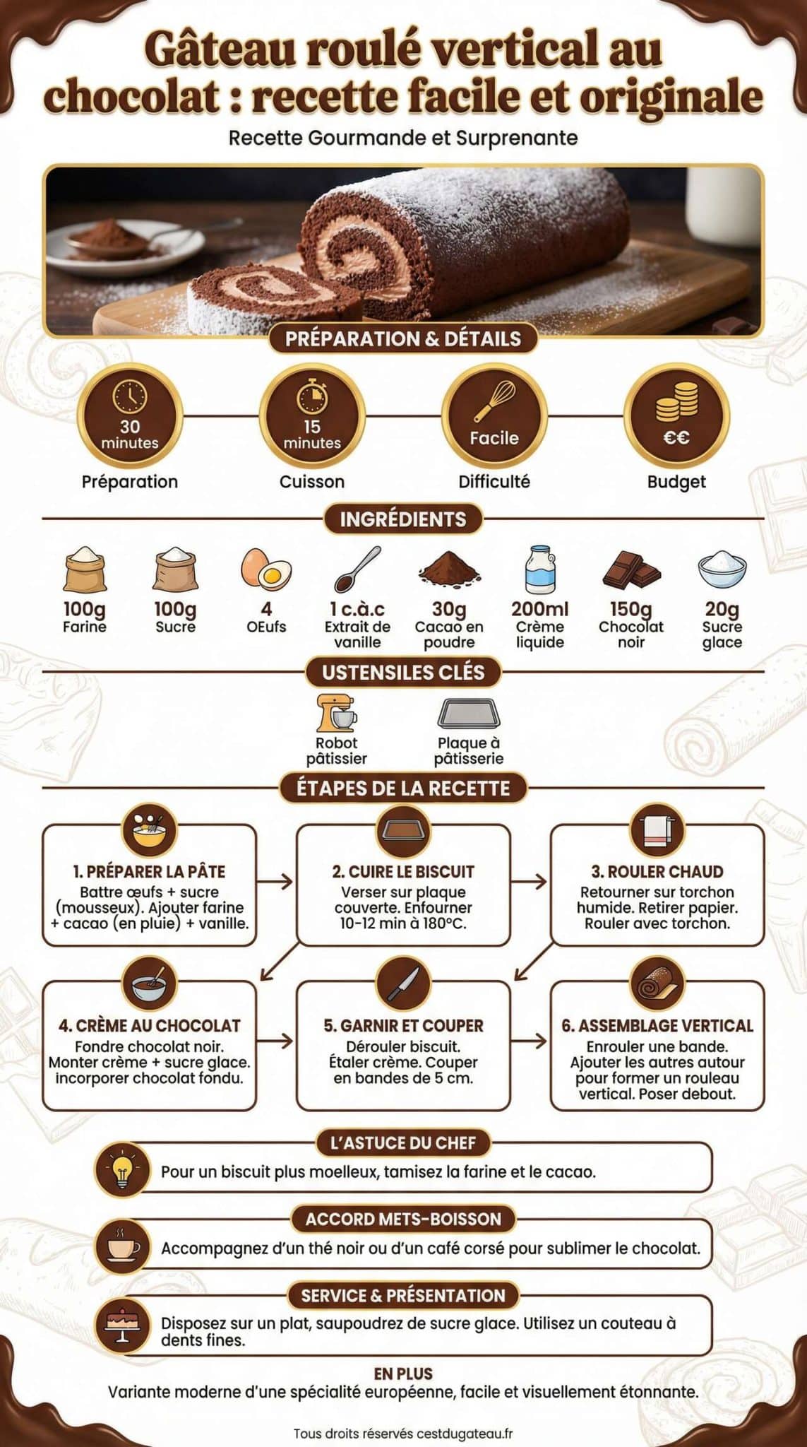 infographie de la recette G&acirc;teau roul&eacute; vertical au chocolat : recette facile et originale