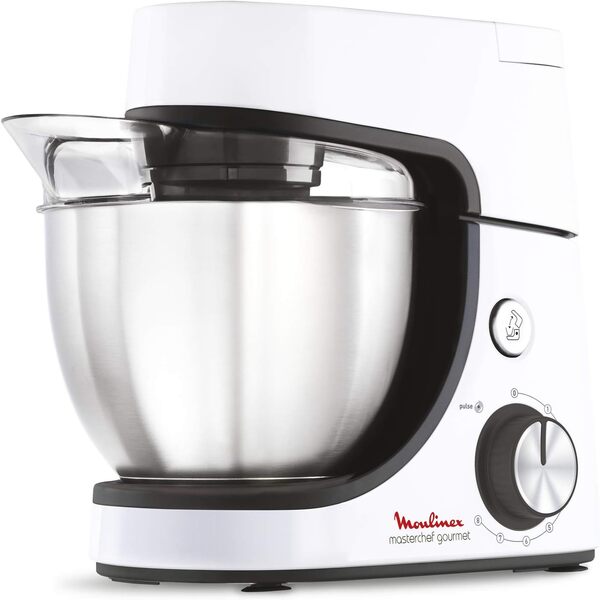 Moulinex Robot pâtissier, Capacité bol 4,6 L, 8 vitesses + Pulse, Technologie Fouet Whisk pour un fouettage parfait, Batteur et pétrin en fonte d'aluminium, 1100 W, Masterchef Gourmet blanc QA510110