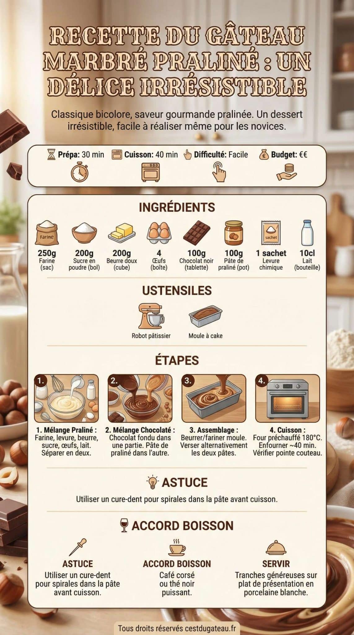 Infographie de la recette Recette du g&acirc;teau marbr&eacute; pralin&eacute; : un d&eacute;lice irr&eacute;sistible