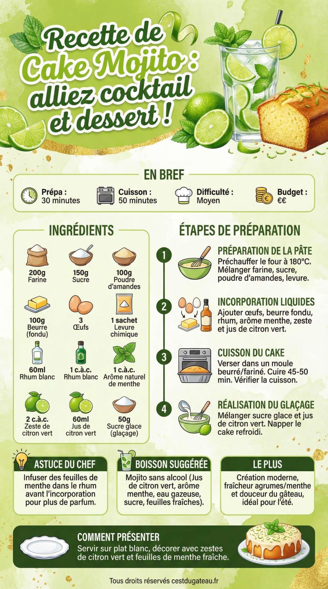 Infographie de la recette Recette de Cake Mojito : alliez cocktail et dessert !