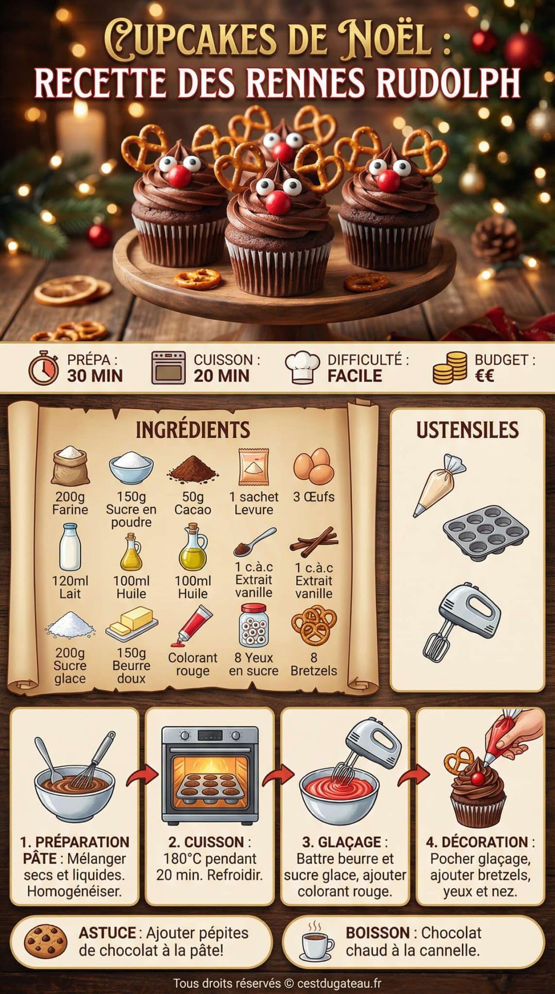 Infographie de la recette Cupcakes de No&euml;l : recette des Rennes Rudolph