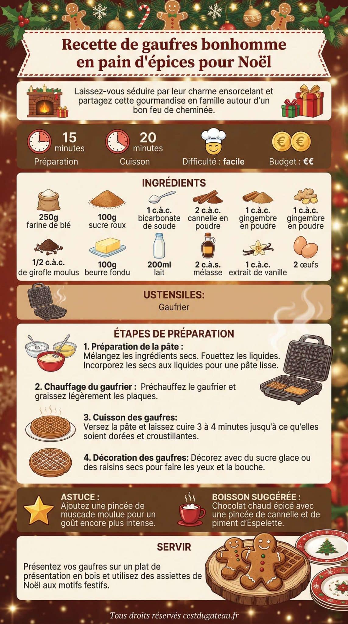 Infographie de la recette Recette de gaufres bonhomme en pain d'épices pour Noël Infographie de la recette Recette de gaufres bonhomme en pain d'épices pour Noël