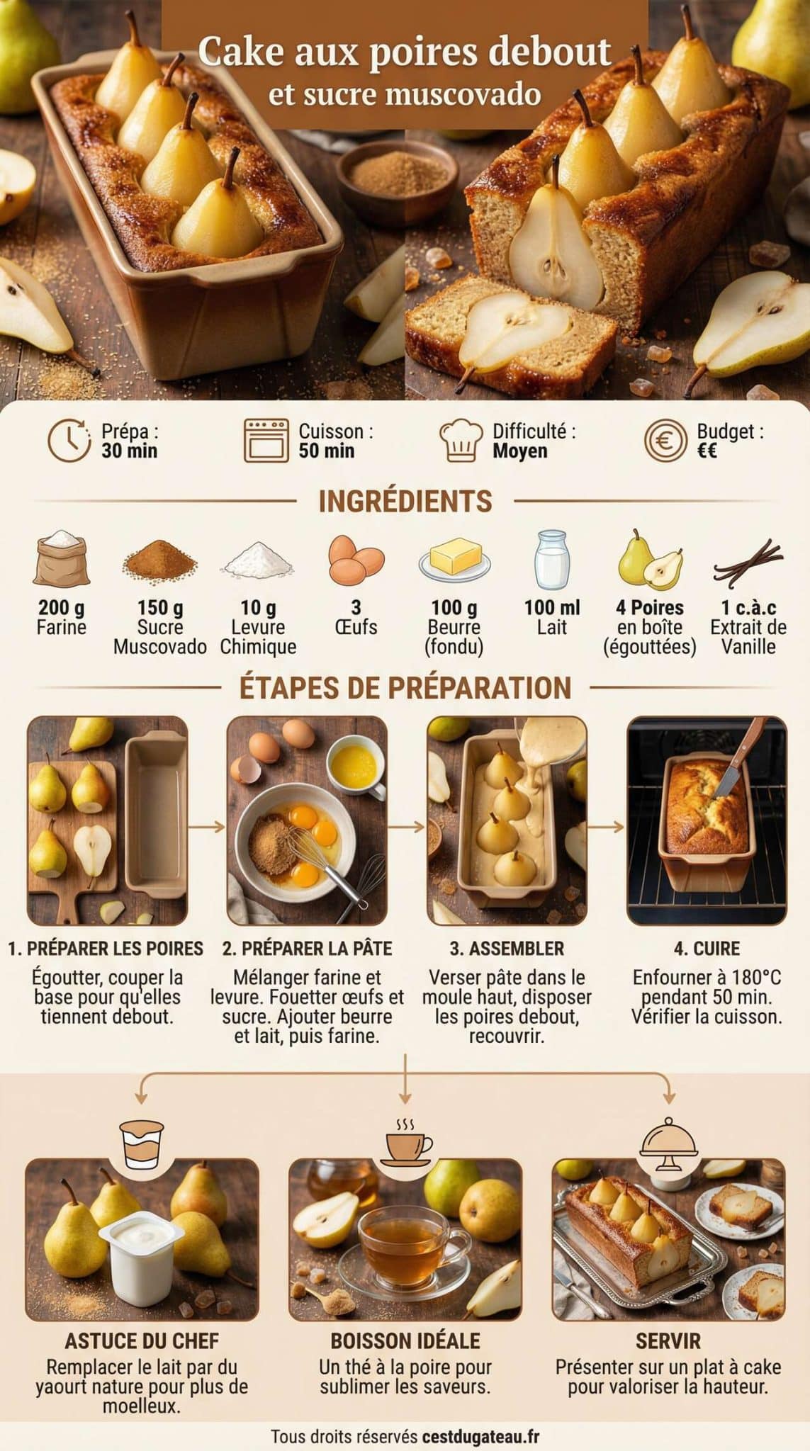 Infographie de la recette Cake aux poires debout et sucre muscovado : la recette gourmande
