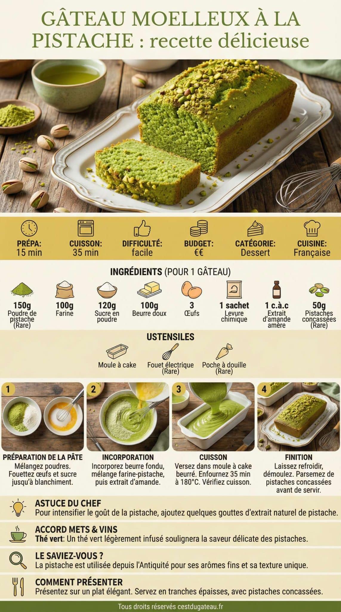 Fiche recette G&acirc;teau moelleux &agrave; la pistache : recette d&eacute;licieuse