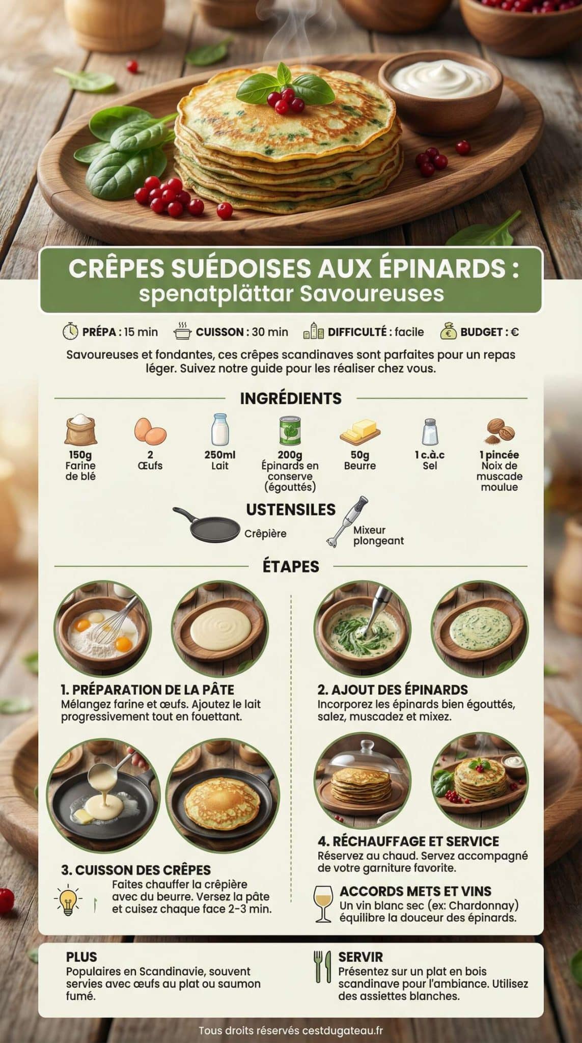 Fiche recette Cr&ecirc;pes Su&eacute;doises aux &Eacute;pinards : spenatpl&auml;ttar Savoureuses