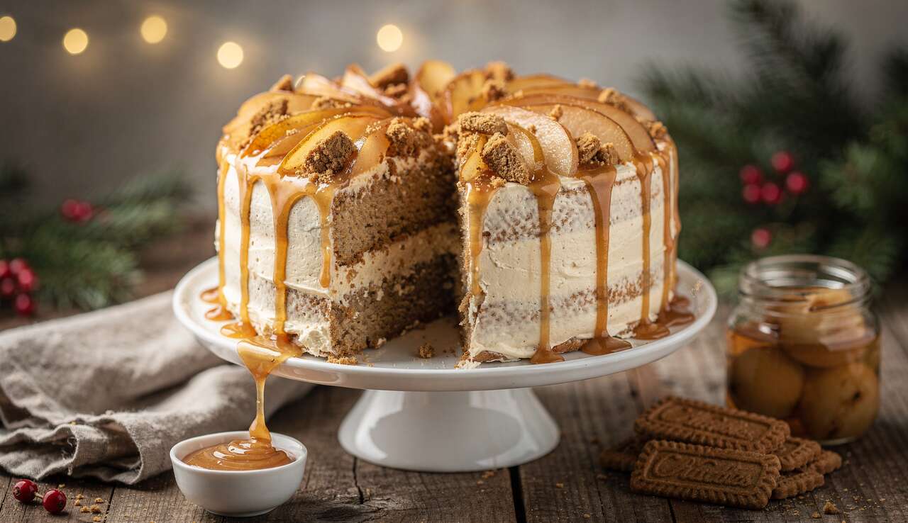 Gâteau de Noël : poire, spéculoos et caramel beurre salé