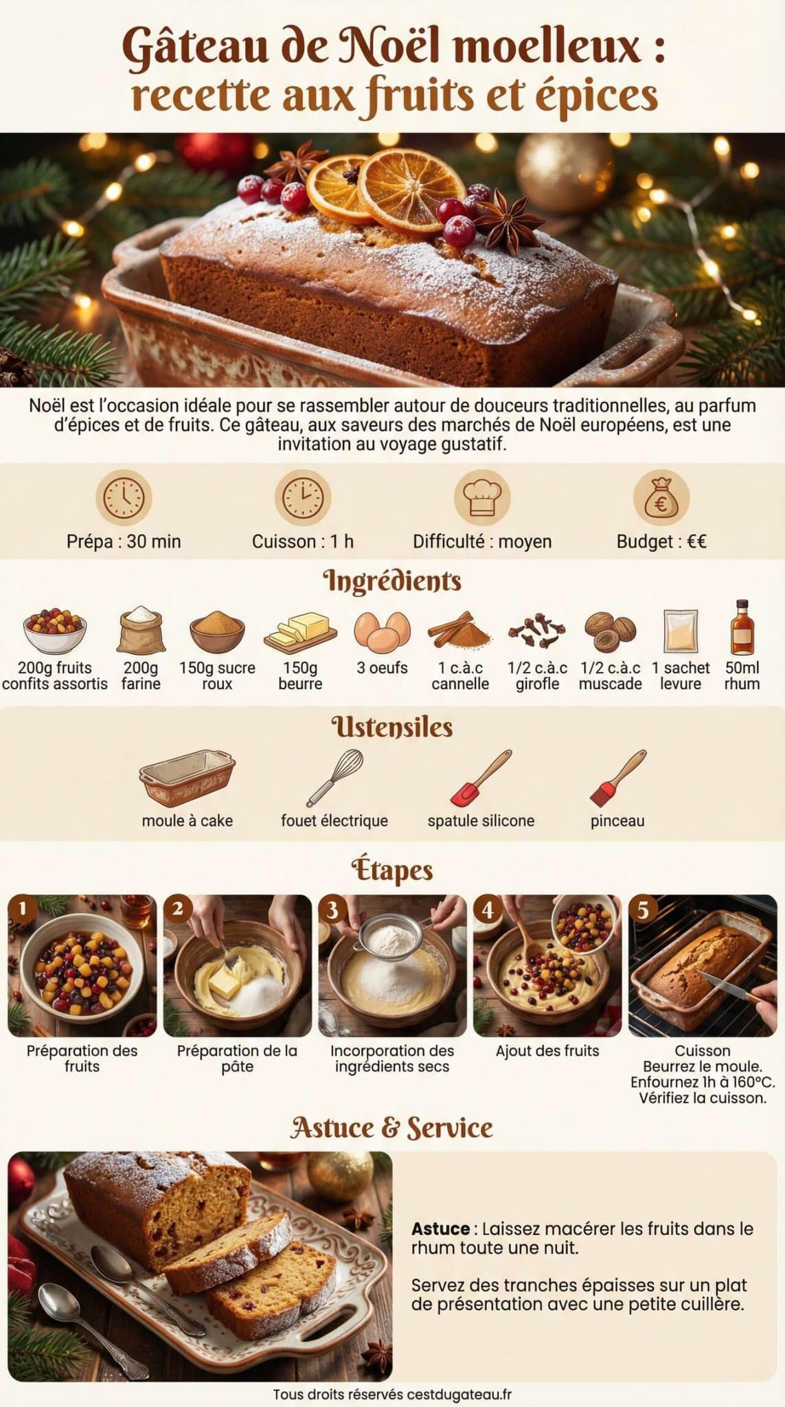 Fiche recette G&acirc;teau de No&euml;l moelleux : recette aux fruits et &eacute;pices
