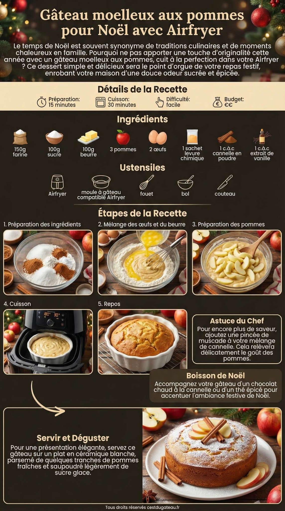 Fiche recette Gâteau moelleux aux pommes pour Noël avec Airfryer Fiche recette Gâteau moelleux aux pommes pour Noël avec Airfryer