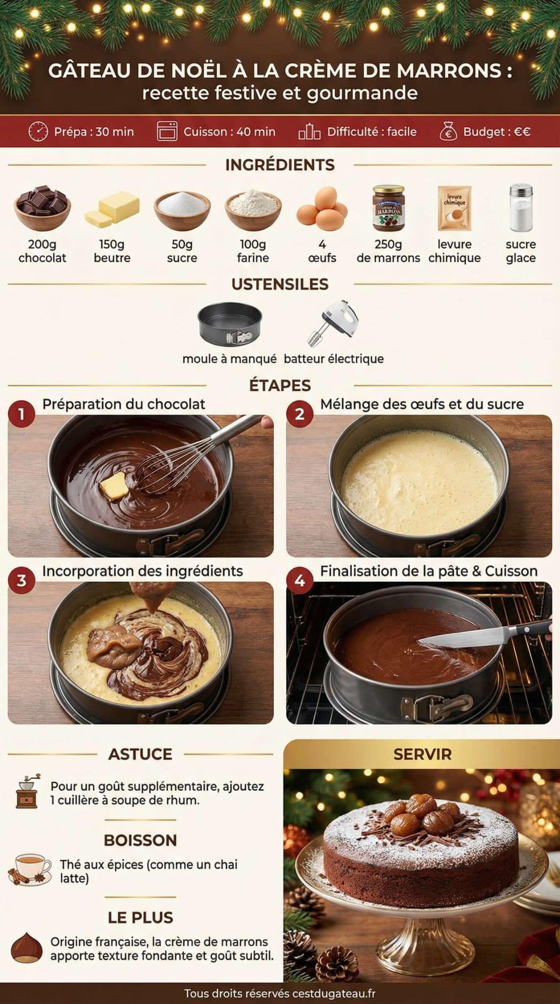 Fiche recette G&acirc;teau de No&euml;l &agrave; la cr&egrave;me de marrons : recette festive et gourmande