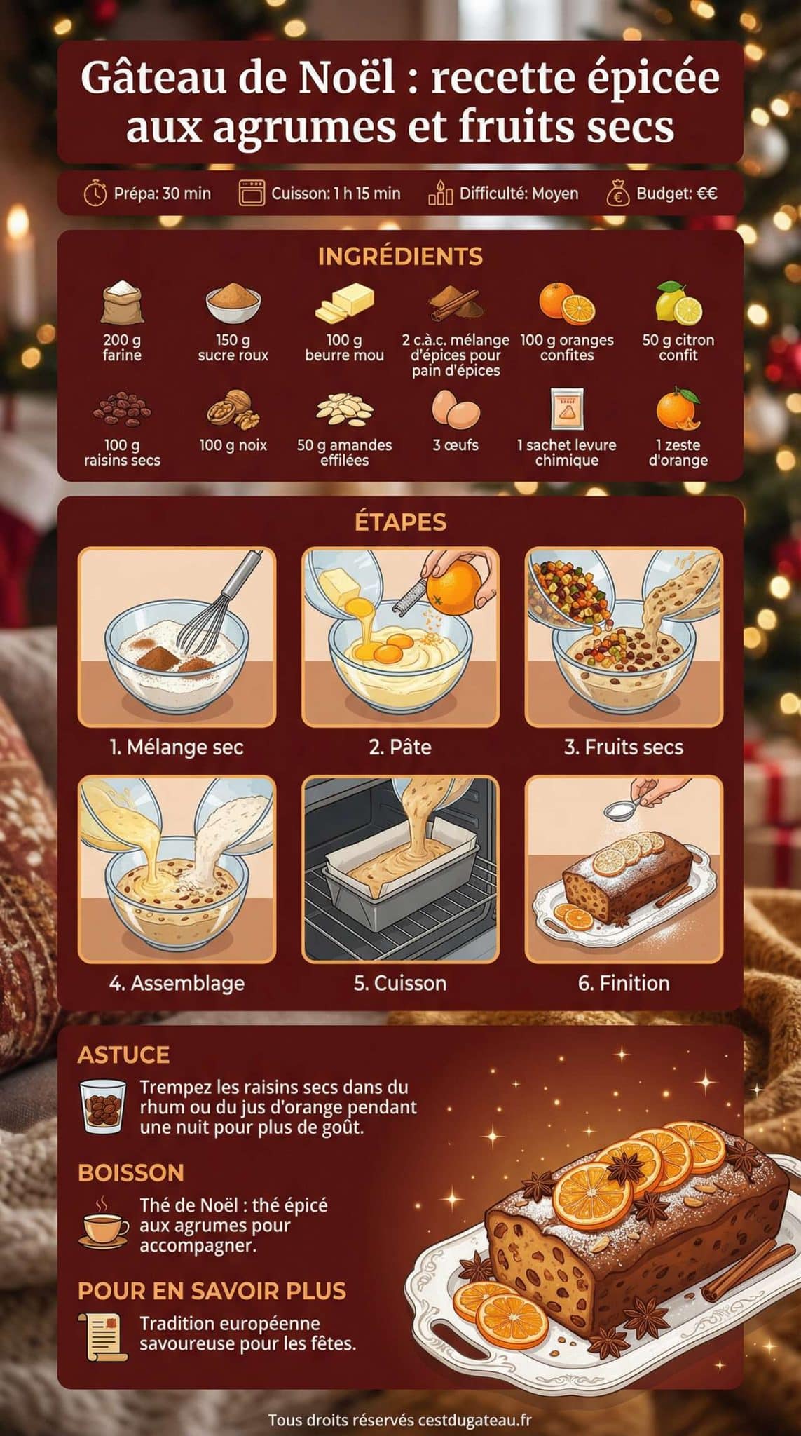 Fiche recette G&acirc;teau de No&euml;l : recette &eacute;pic&eacute;e aux agrumes et fruits secs