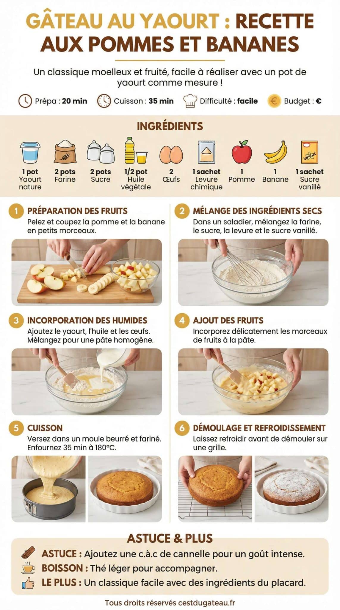 Fiche recette G&acirc;teau au yaourt : recette aux pommes et bananes