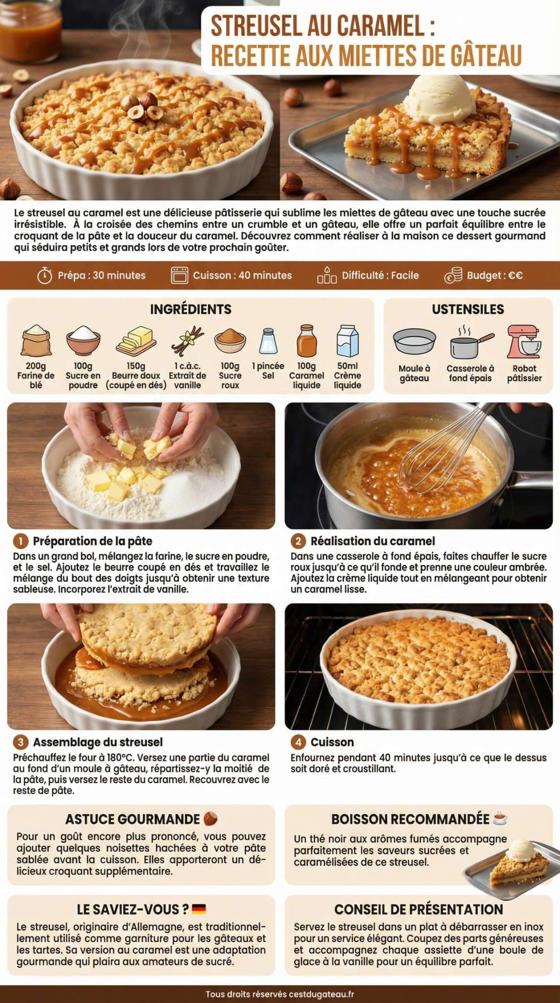 Fiche recette Streusel au Caramel : recette aux Miettes de G&acirc;teau