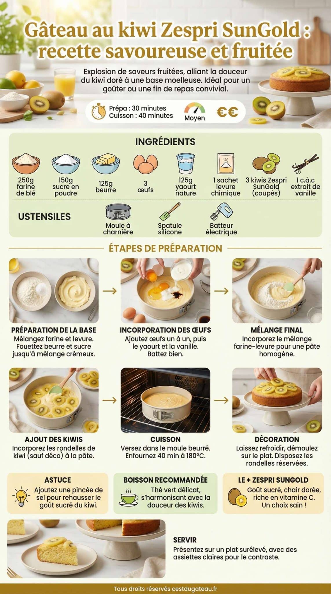Fiche recette G&acirc;teau au kiwi Zespri SunGold : recette savoureuse et fruit&eacute;e