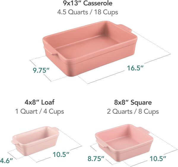 Best Choice Products Ensemble de plats de cuisson, 3 pièces, antiadhésifs, sans toxines, céramique, cocotte, pain à pain, moule carré, design emboîtable peu encombrant – Champagne rose