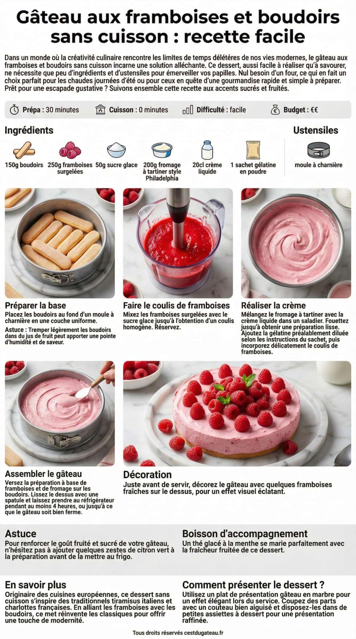 Fiche recette G&acirc;teau aux framboises et boudoirs sans cuisson : recette facile