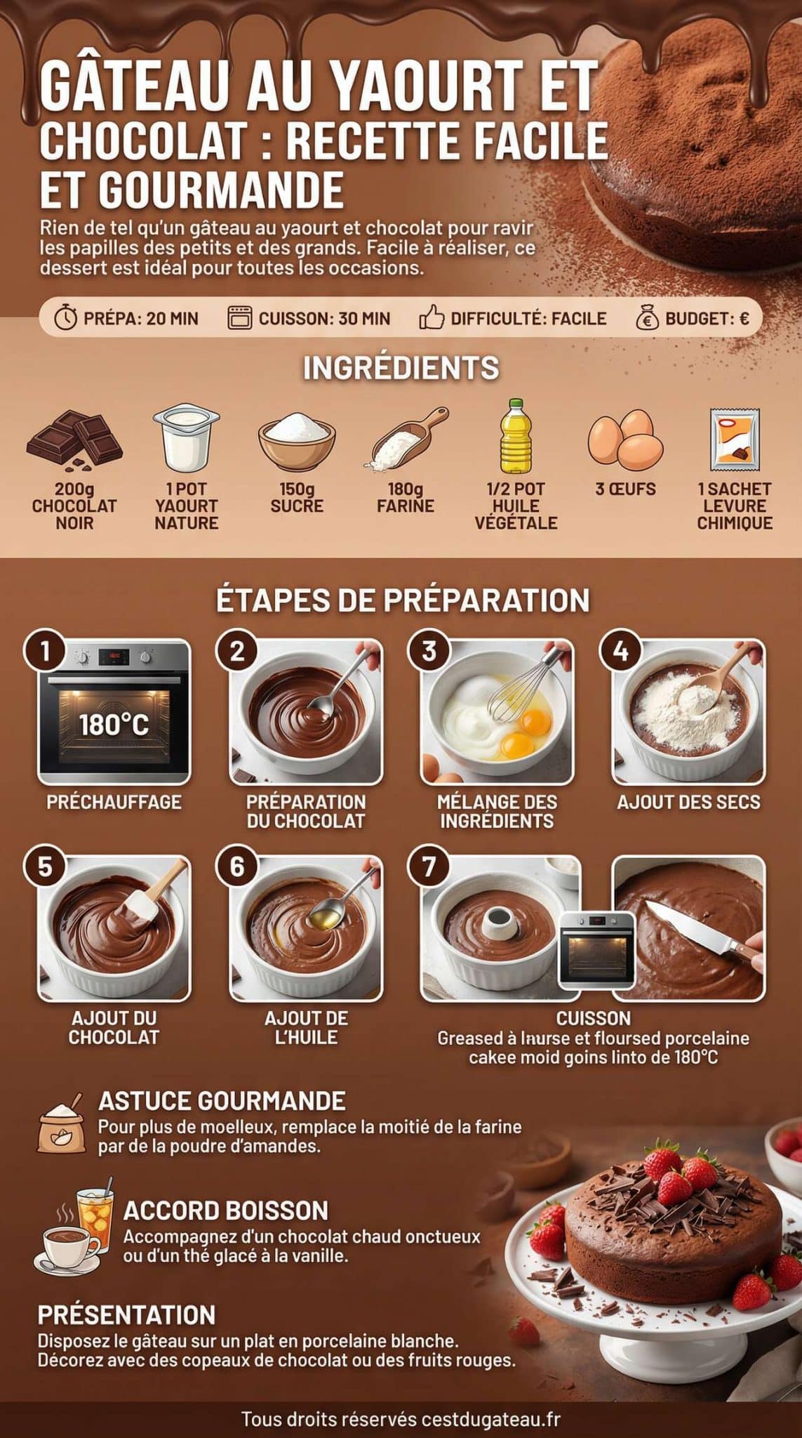 Fiche recette G&acirc;teau au yaourt et chocolat : recette facile et gourmande