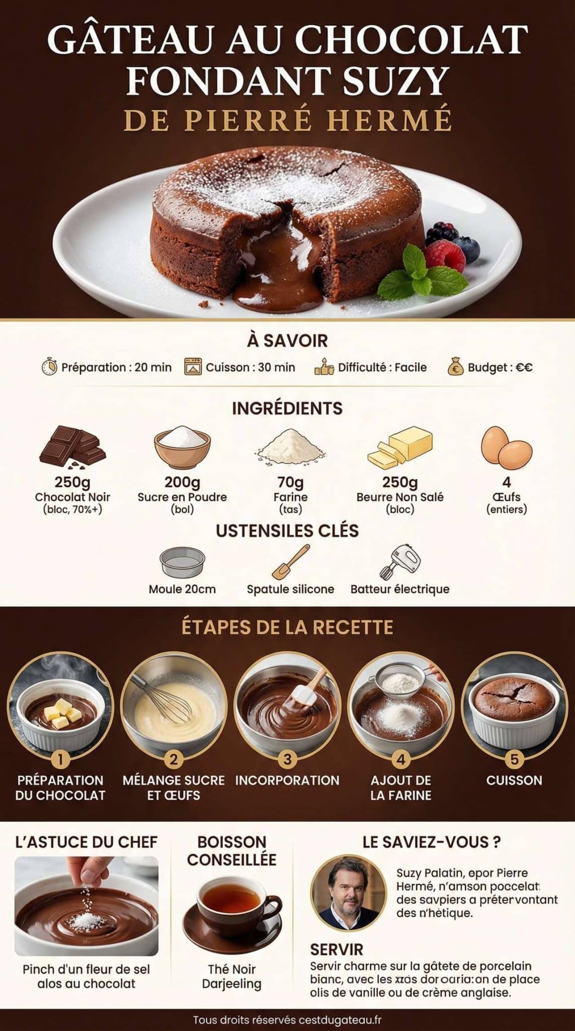Fiche recette Recette du g&acirc;teau au chocolat fondant Suzy de Pierre Herm&eacute;