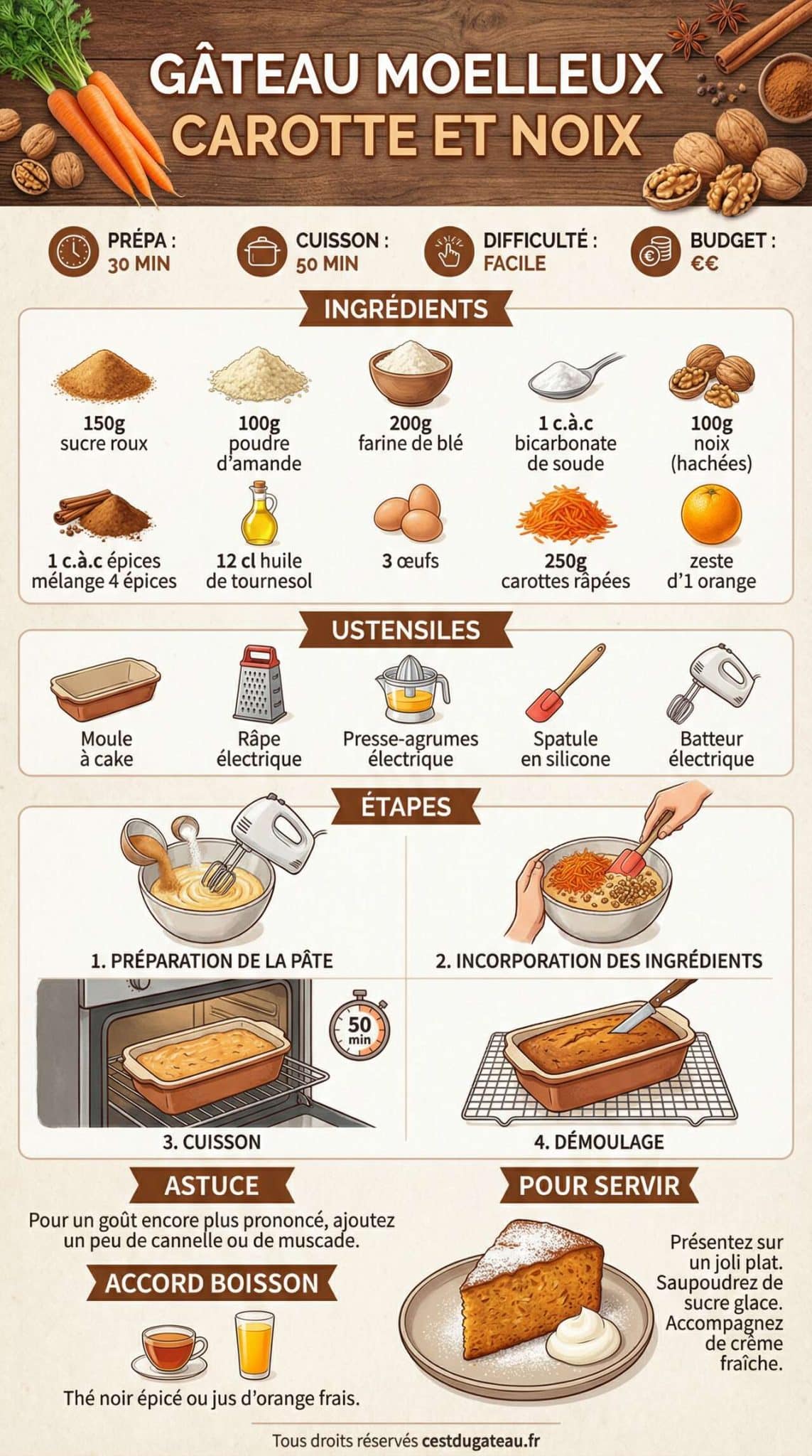 Fiche recette G&acirc;teau moelleux carotte et noix : recette savoureuse