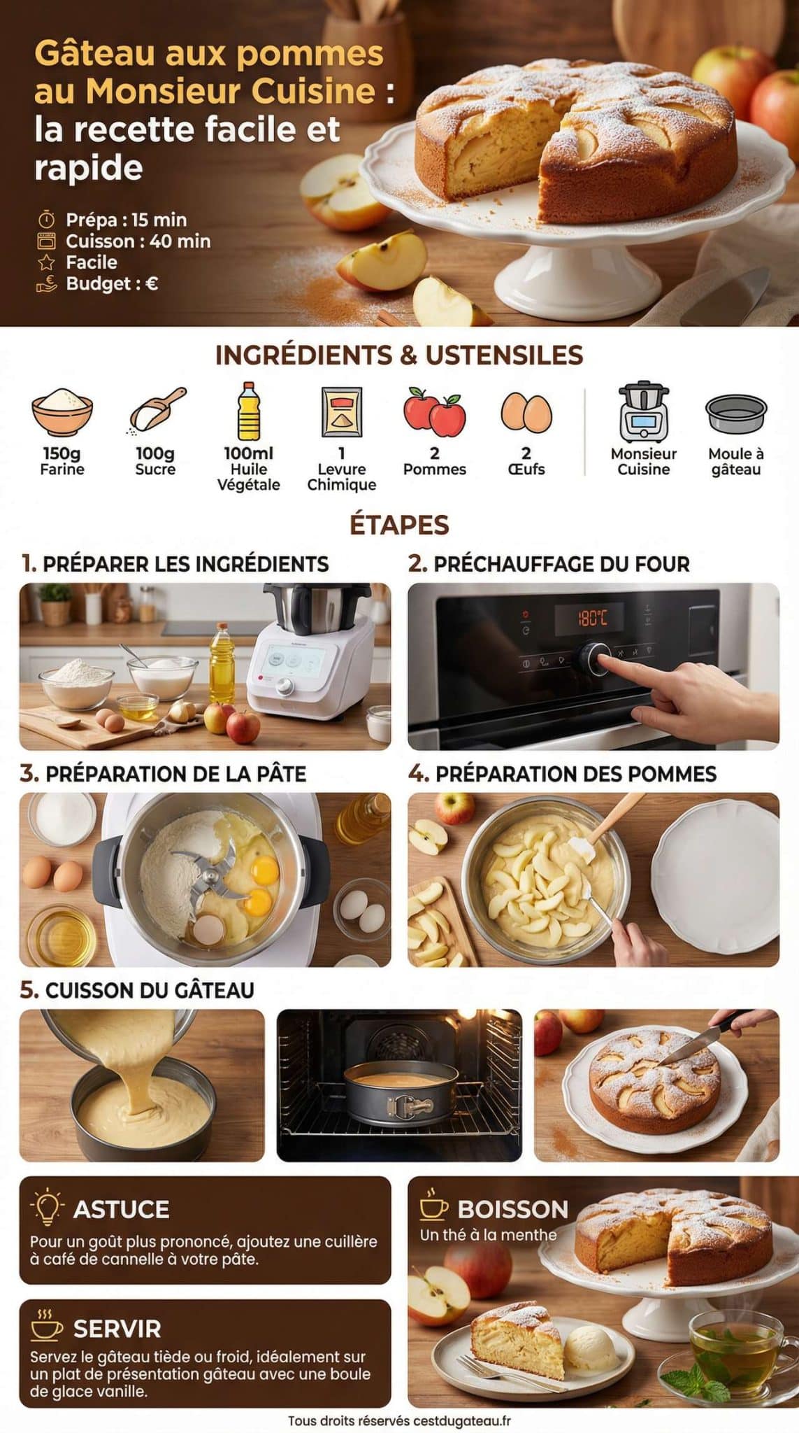 Fiche recette G&acirc;teau aux pommes au Monsieur Cuisine : la recette facile et rapide