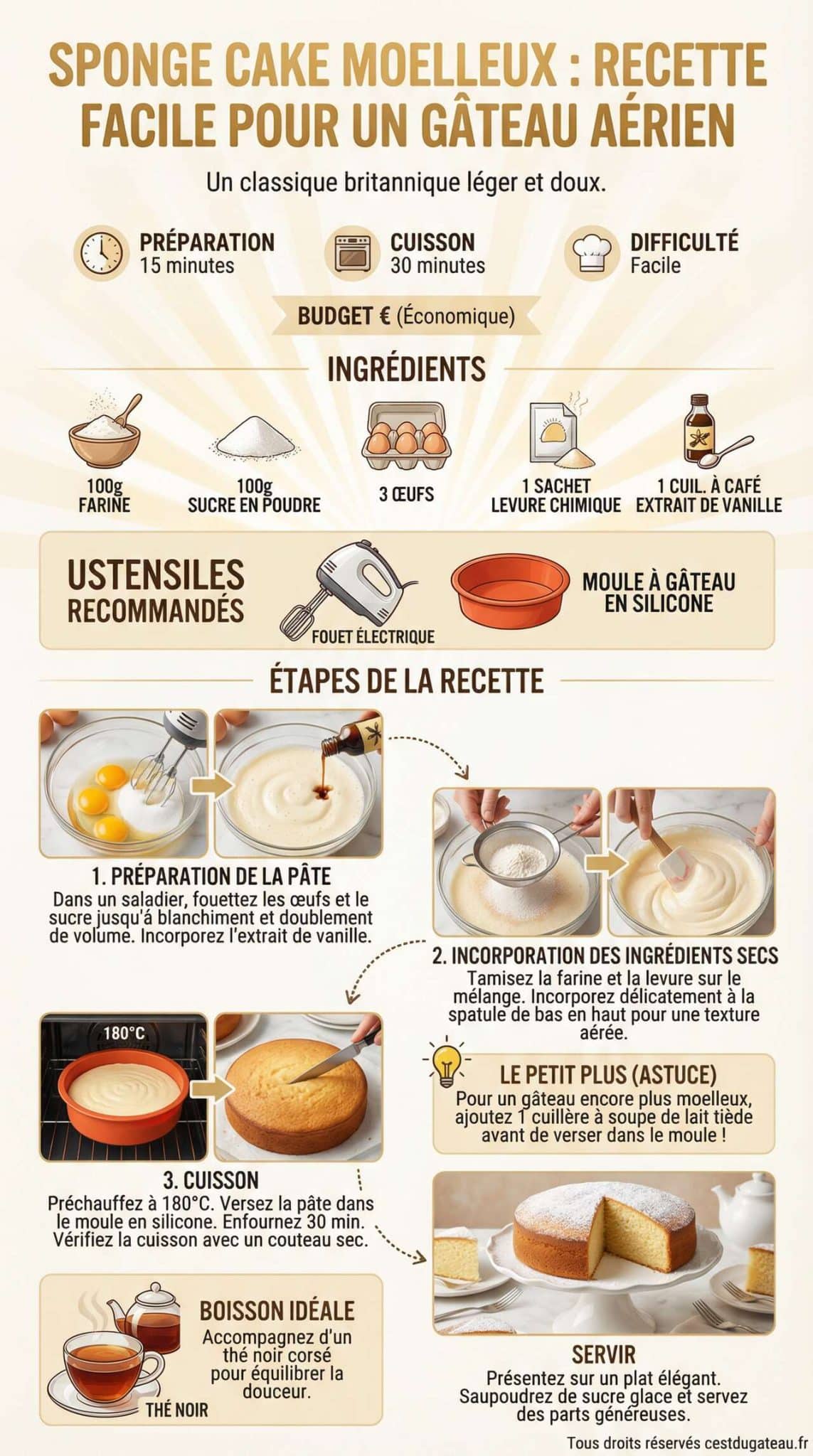 Fiche recette Sponge cake moelleux : recette facile pour un g&acirc;teau a&eacute;rien
