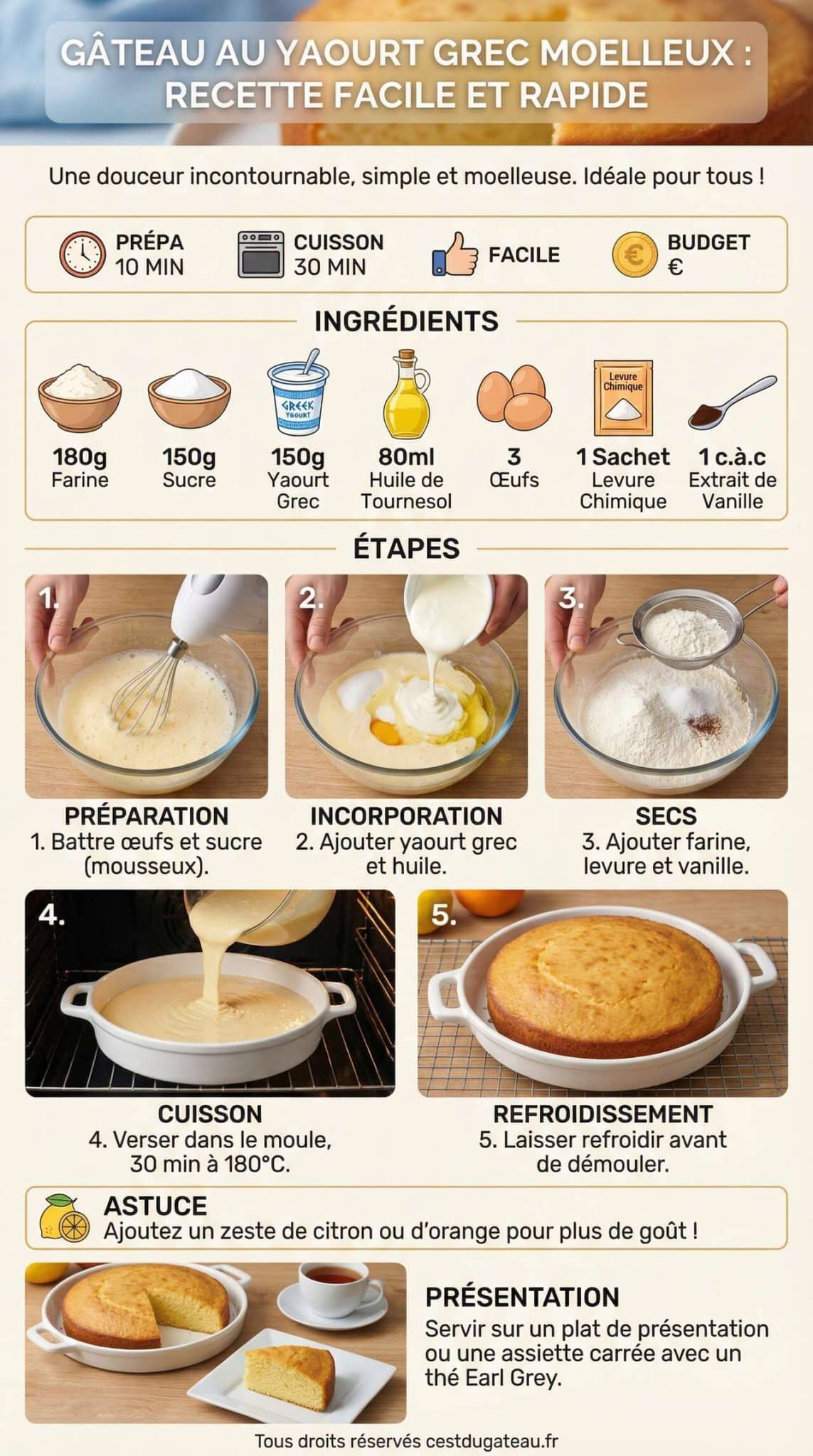Fiche recette G&acirc;teau au yaourt grec moelleux : recette facile et rapide
