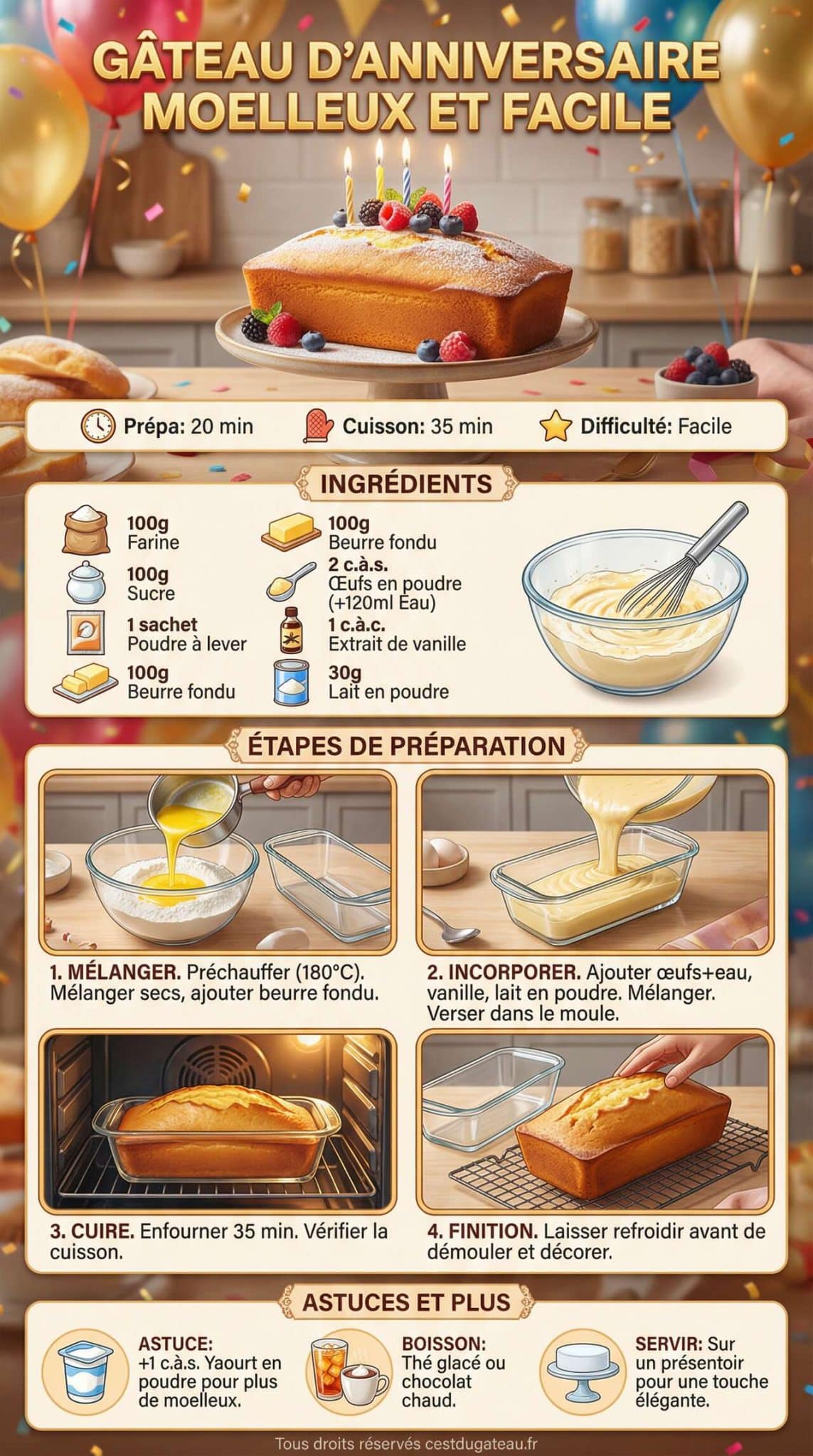 Fiche recette Recette de g&acirc;teau d'anniversaire moelleux et facile