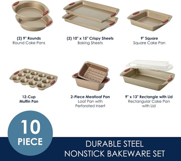 Rachael Ray 10 pièces Cucina antiadhésif Moules, Latte Marron avec poignée Rouge Canneberge