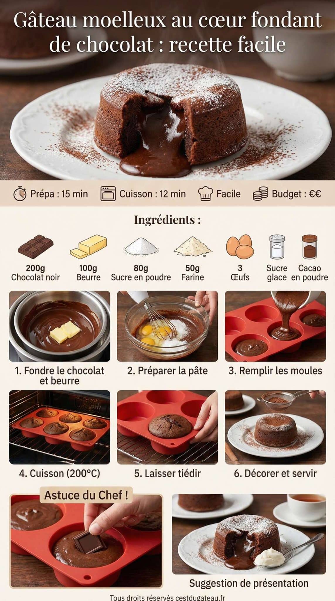 Fiche recette G&acirc;teau moelleux au c&oelig;ur fondant de chocolat : recette facile
