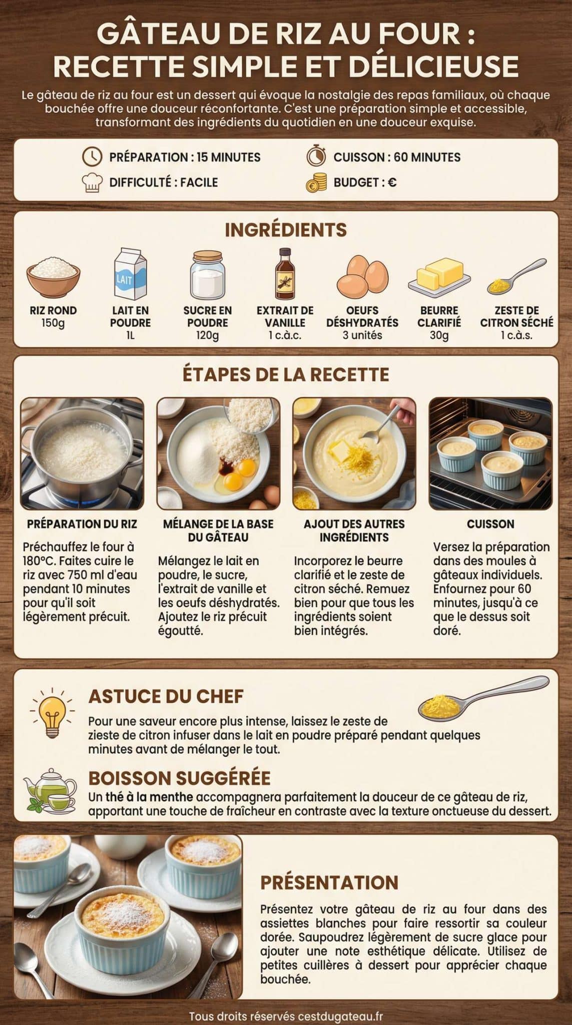 Fiche recette G&acirc;teau de riz au four : recette simple et d&eacute;licieuse