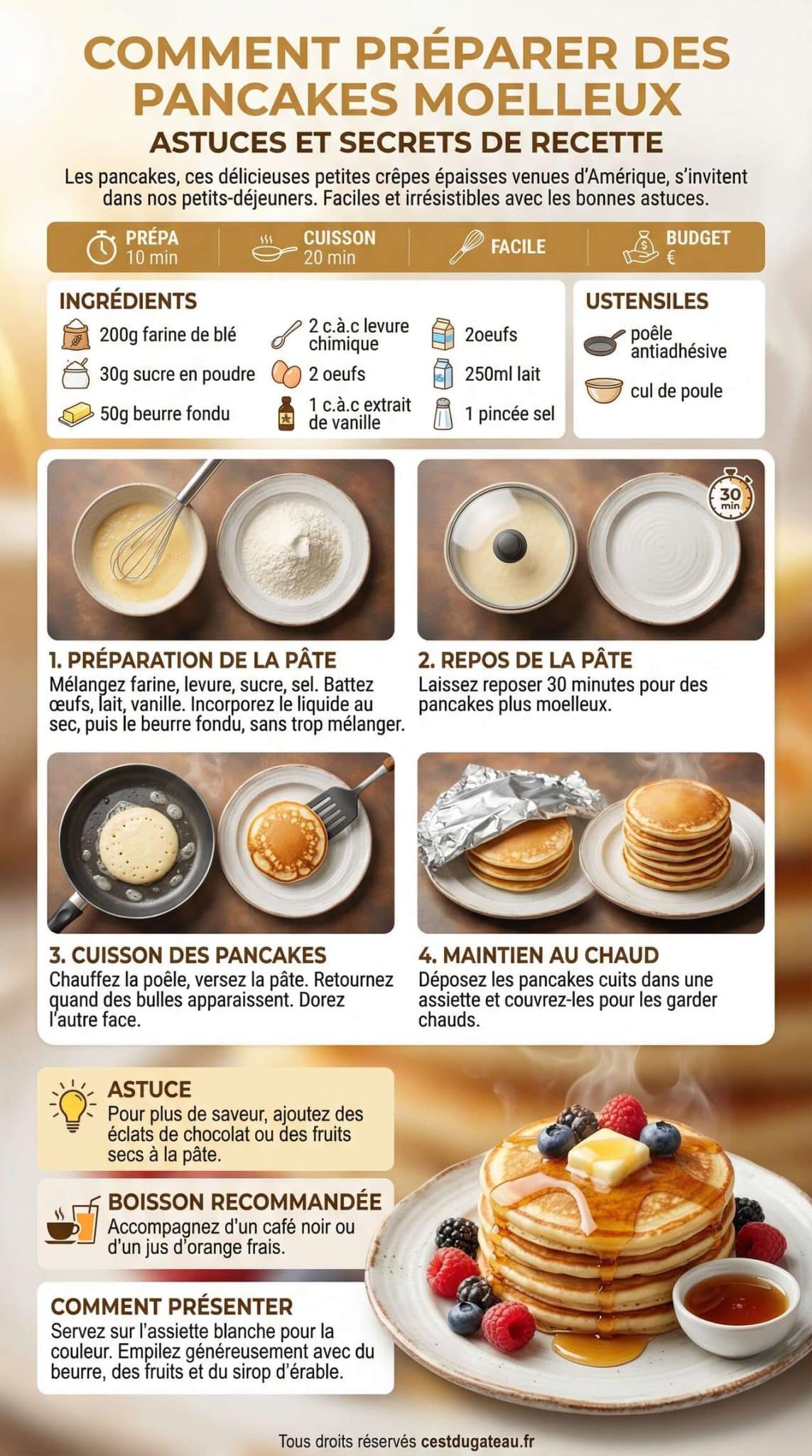Fiche recette Comment préparer des pancakes moelleux : astuces et secrets de recette Fiche recette Comment préparer des pancakes moelleux : astuces et secrets de recette