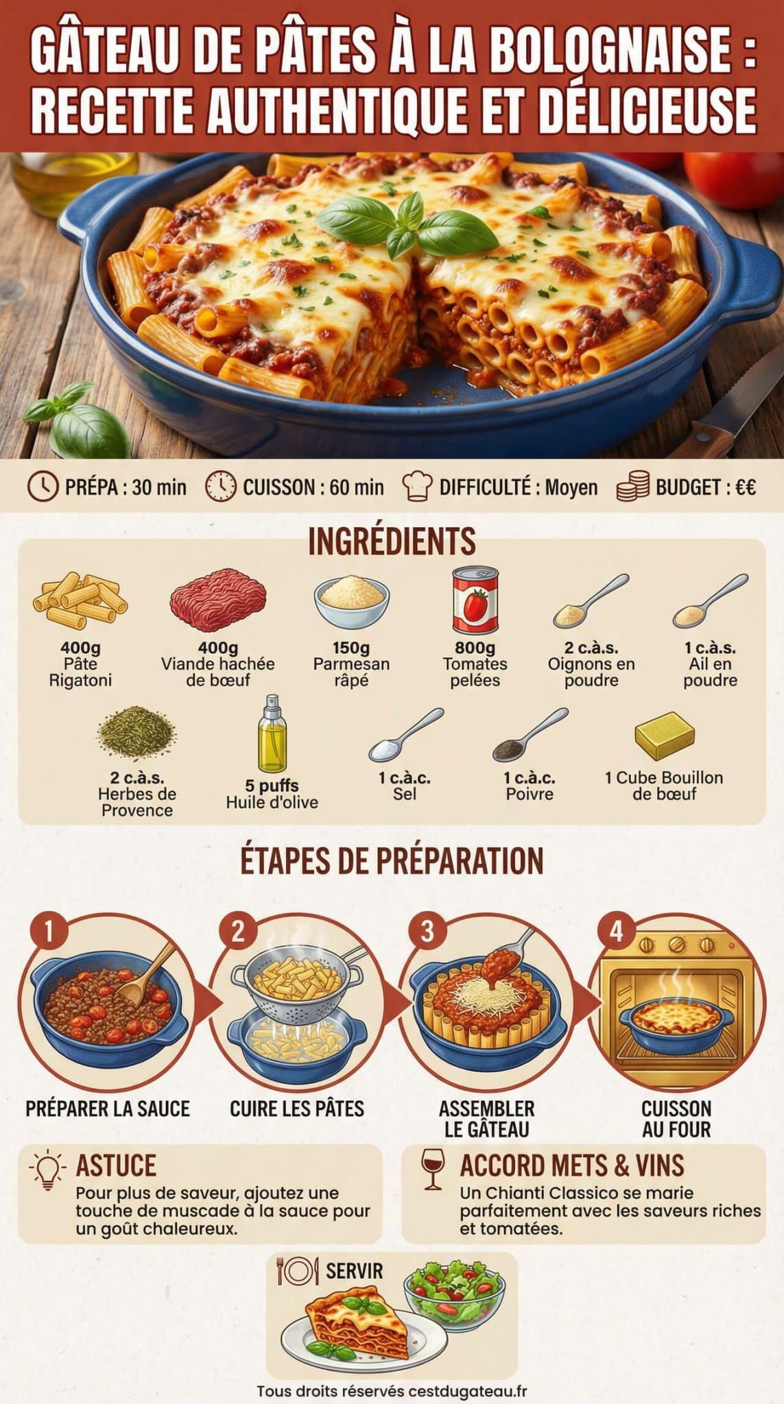 Fiche recette G&acirc;teau de p&acirc;tes &agrave; la bolognaise : recette authentique et d&eacute;licieuse