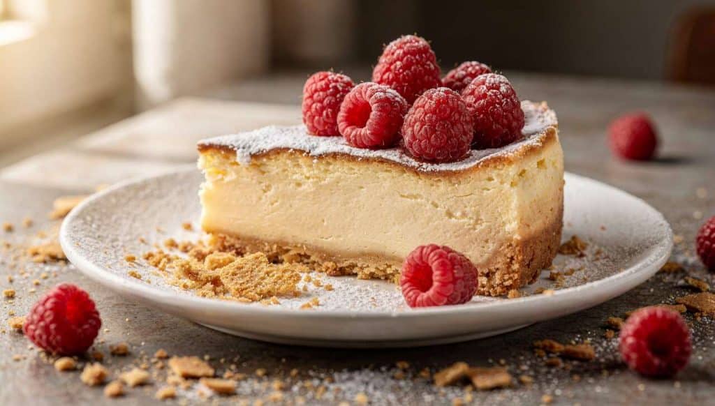 Gâteau au fromage, framboises et vanille