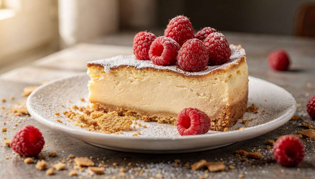 Gâteau au fromage, framboises et vanille