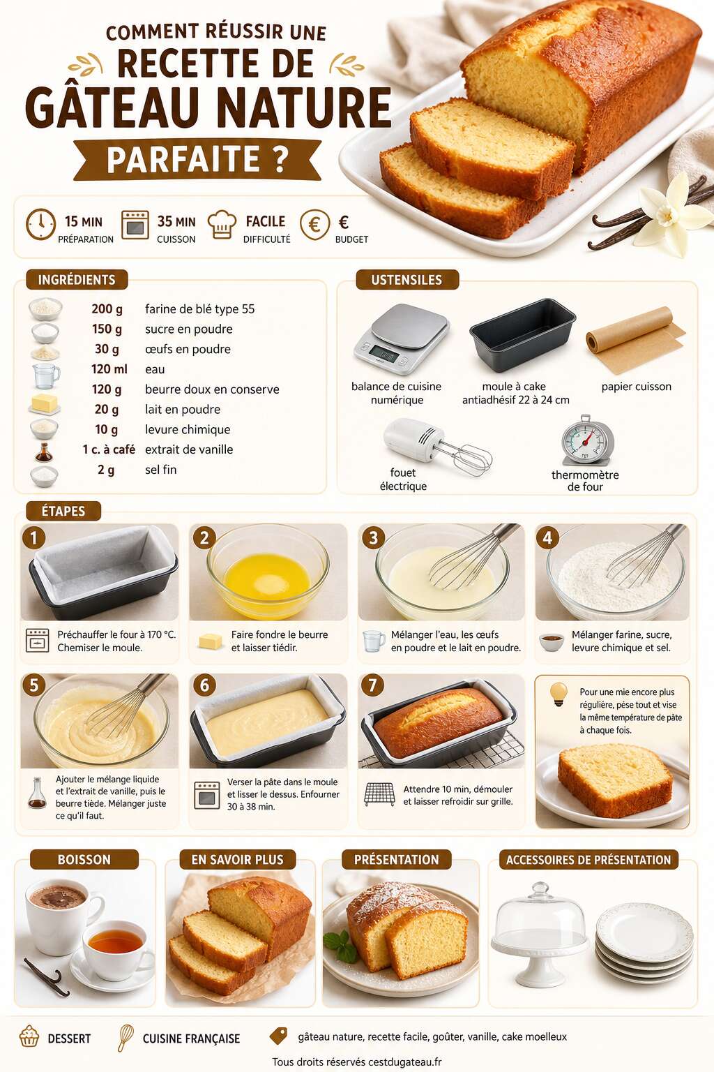 Fiche recette Comment r&eacute;ussir une recette de g&acirc;teau nature parfaite ?