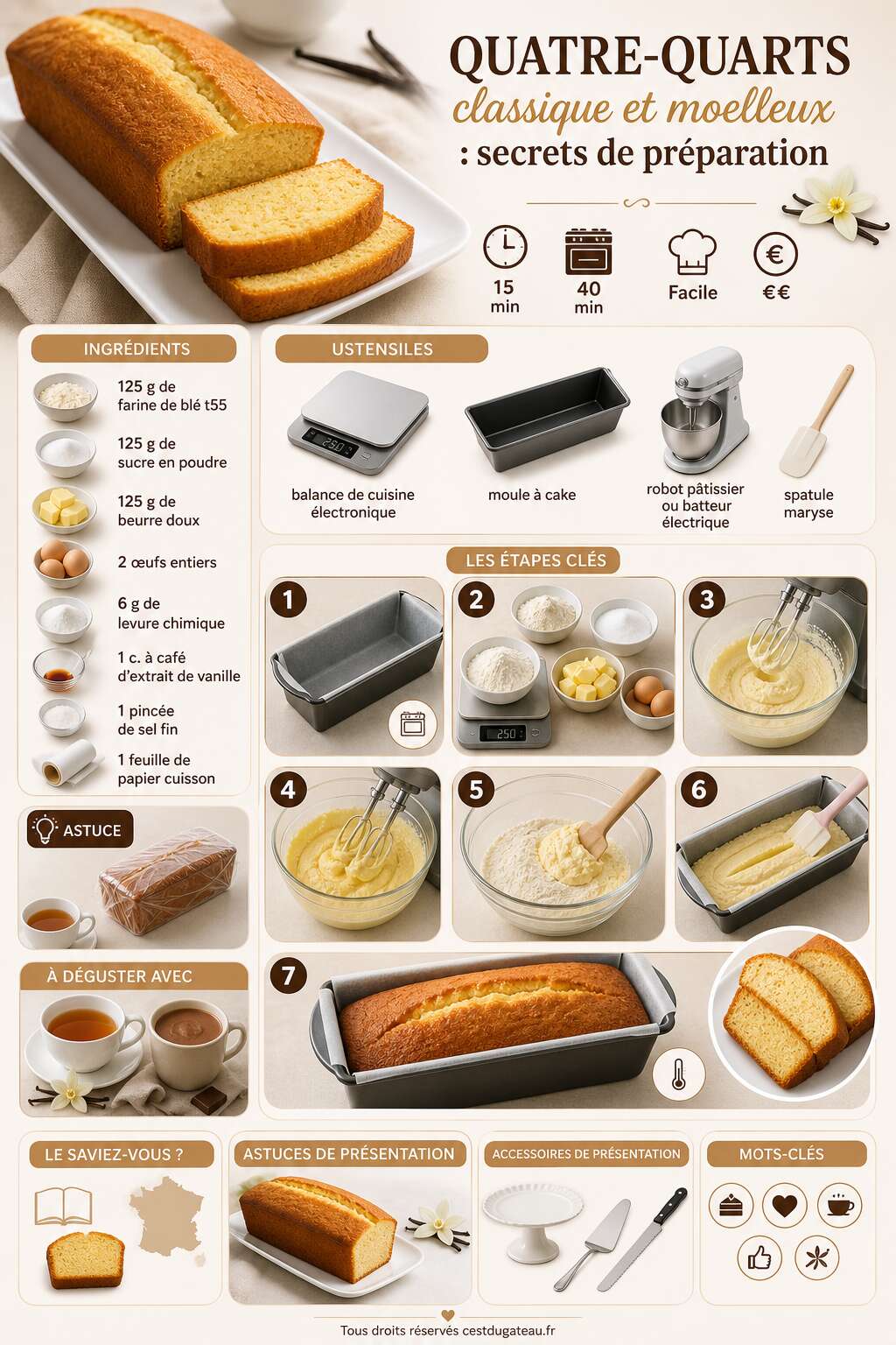 Fiche recette Recette quatre-quarts classique et moelleux : secrets de pr&eacute;paration