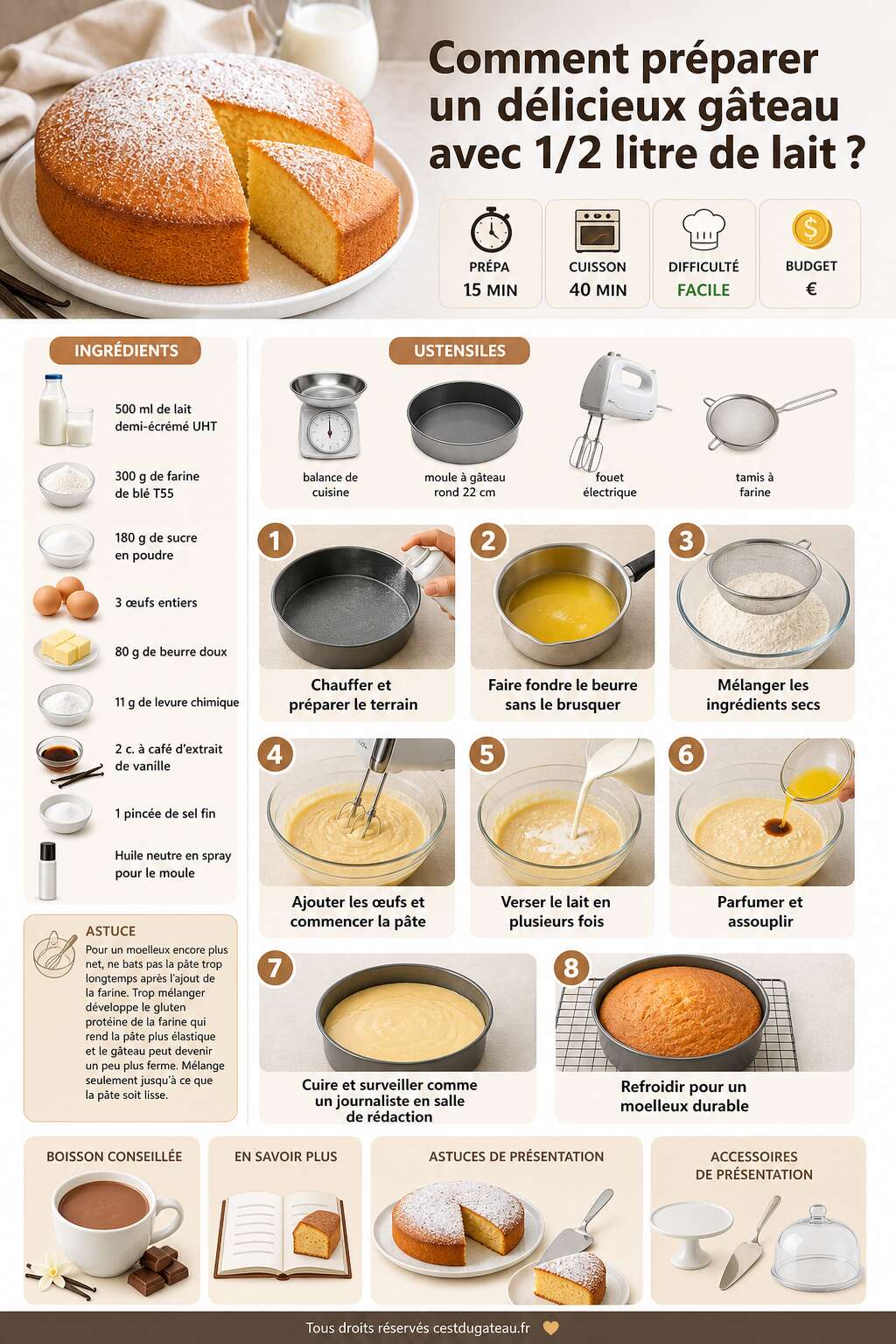 Fiche recette Comment pr&eacute;parer un d&eacute;licieux g&acirc;teau avec 1/2 litre de lait ?