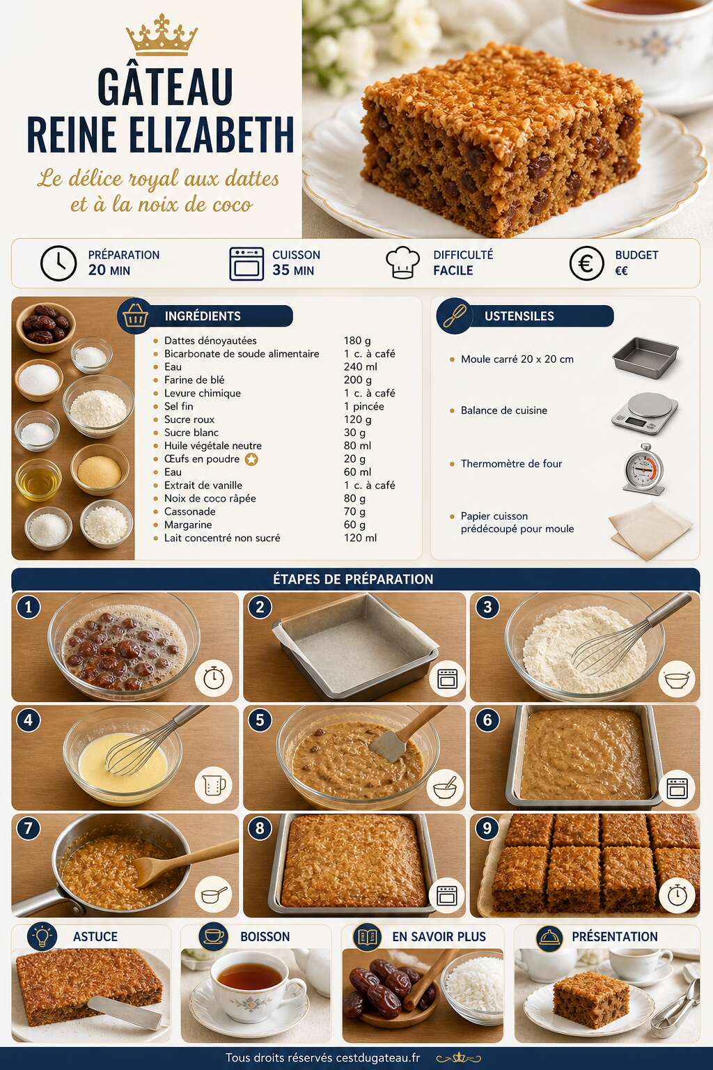 Fiche recette Recette g&acirc;teau Reine Elizabeth : comment r&eacute;ussir ce d&eacute;lice royal ?