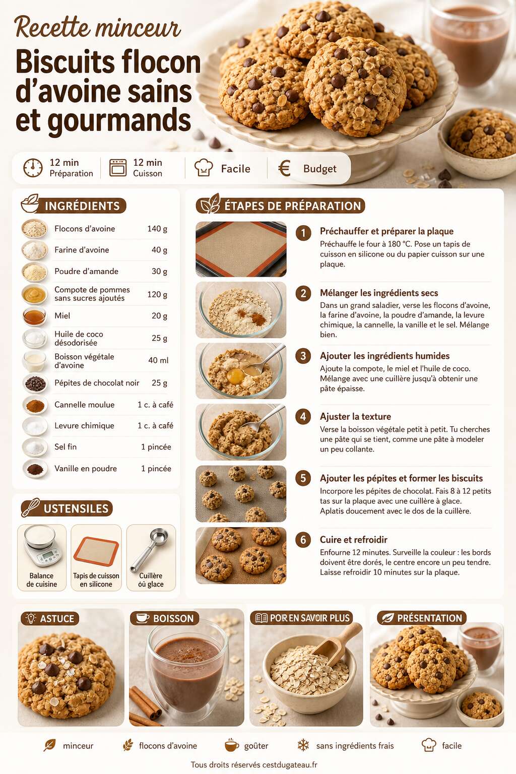 Fiche recette Recette minceur : biscuits flocon d'avoine sains et gourmands Fiche recette Recette minceur : biscuits flocon d'avoine sains et gourmands
