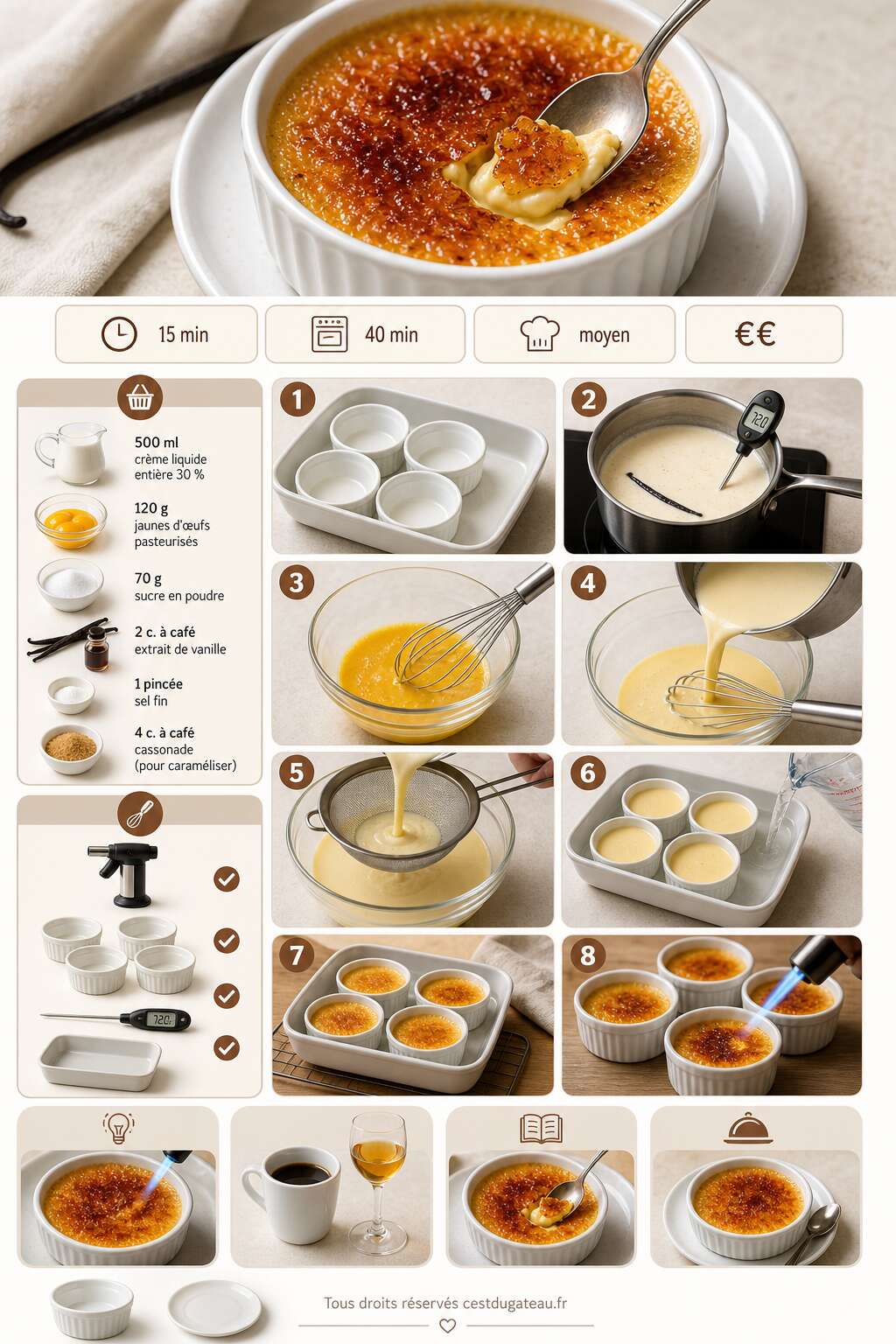 Fiche recette Crème brûlée classique et onctueuse : recette authentique Fiche recette Crème brûlée classique et onctueuse : recette authentique