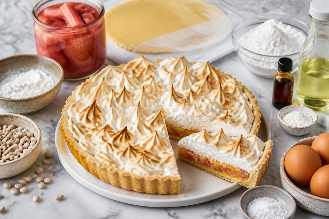 Recette de tarte à la rhubarbe meringuée