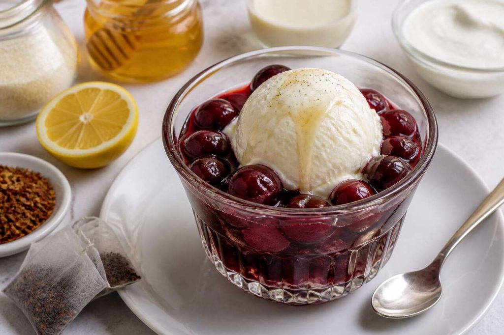 Recette de cerises au rooibos, sorbet au fromage blanc