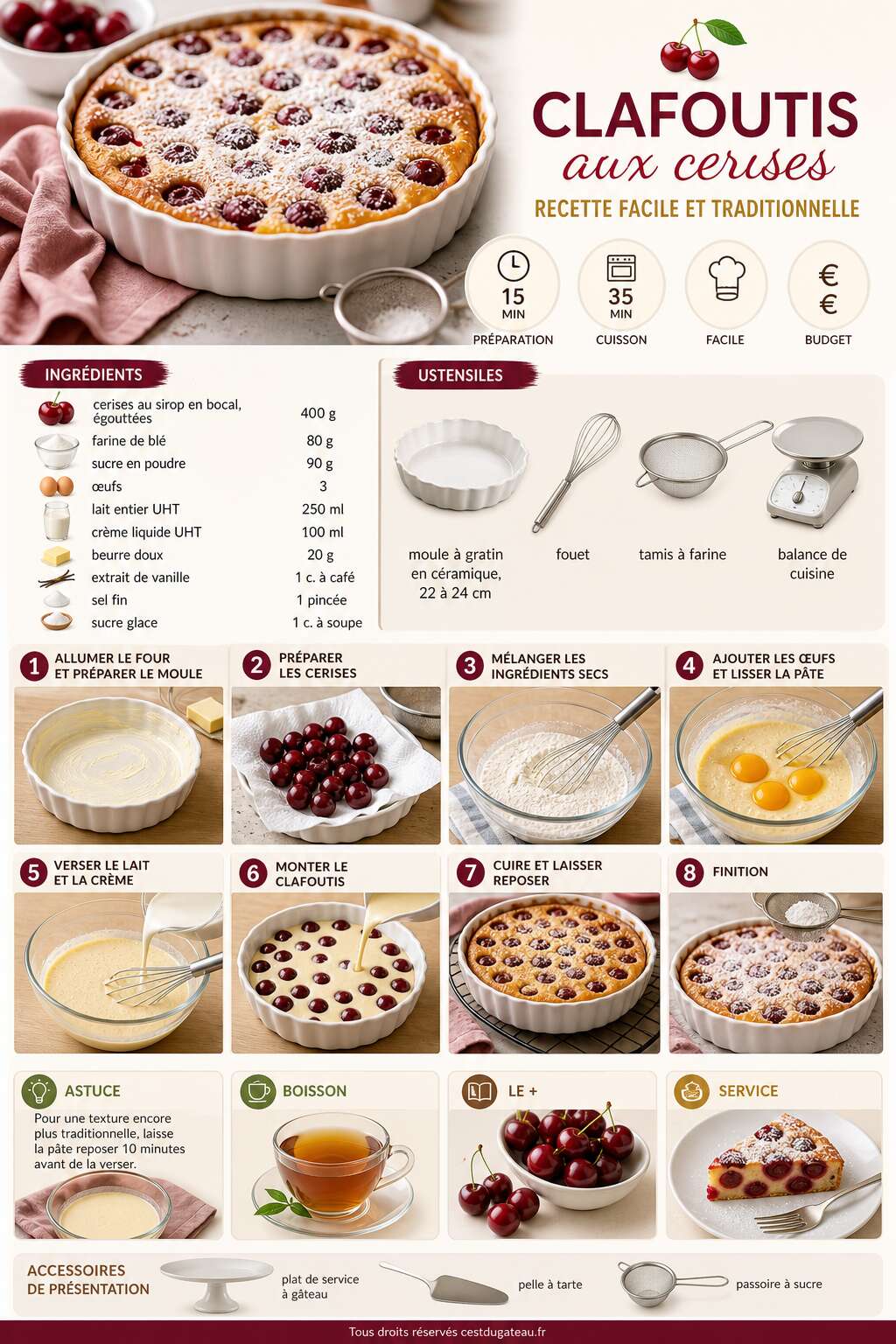 Fiche recette Clafoutis aux cerises : recette facile et traditionnelle Fiche recette Clafoutis aux cerises : recette facile et traditionnelle